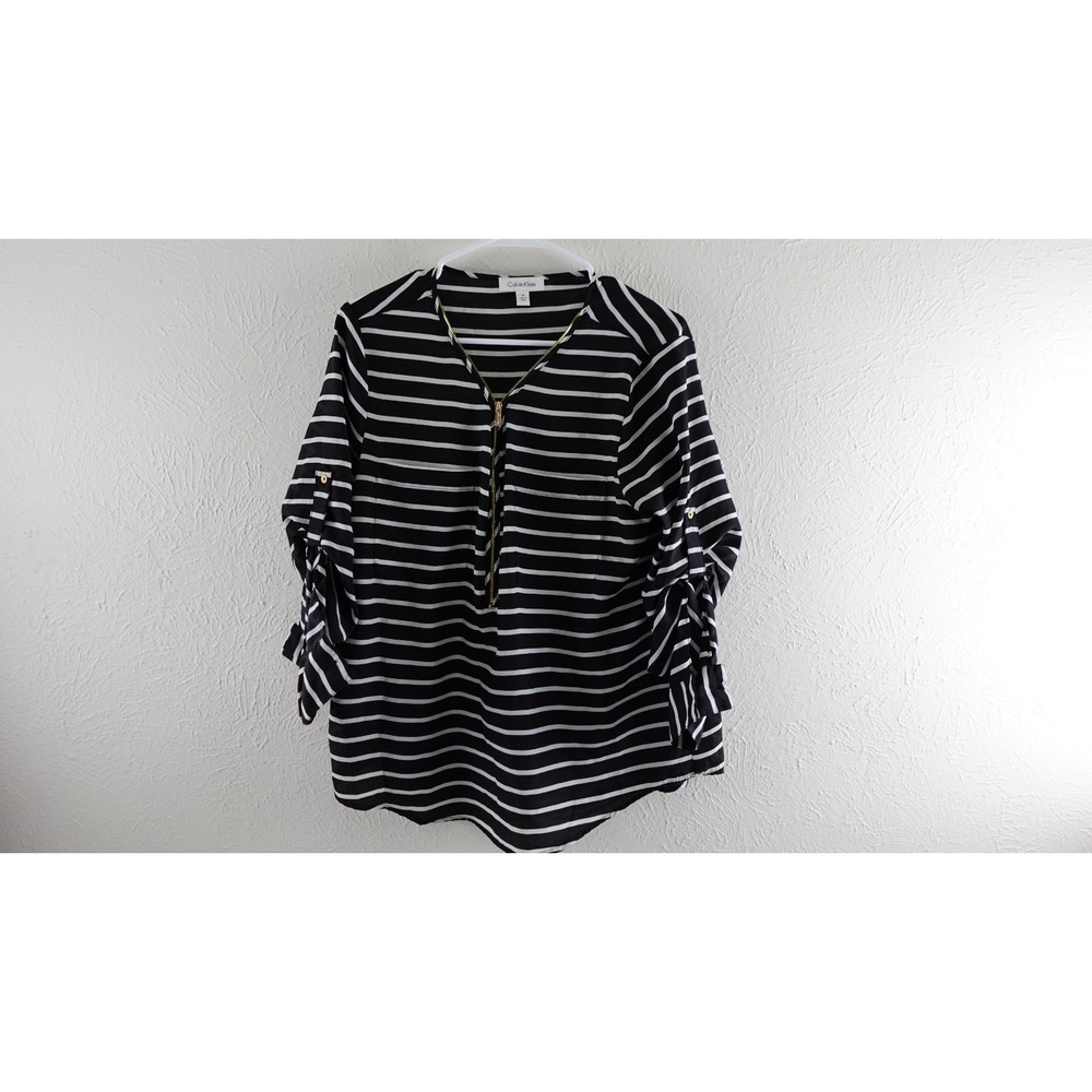 Calvin Klein Women's 1/4 Zip Up Top Blouse Black & White Striped Size m
